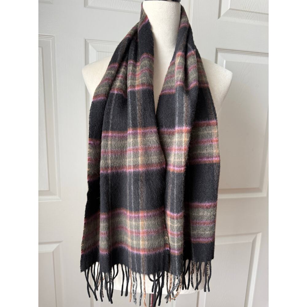 100% Cashmere Black & Pink Plaid Scarf Made in Germany Quiet Luxury Cozy‎